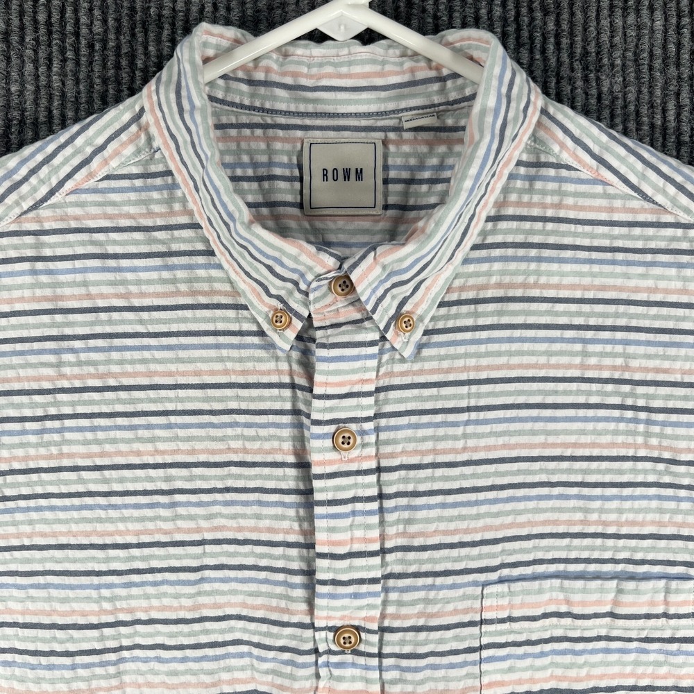 ROWM Shirt Mens XL Extra Large White Striped Short Sleeve Button Up Seersucker